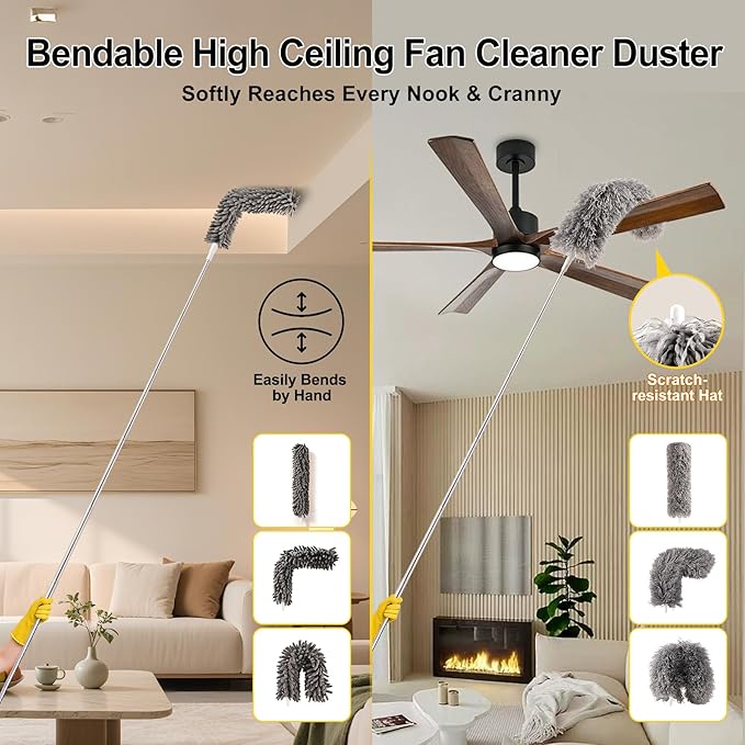 Microfiber Feather Duster 5-in-1 Kit, Dusters for Cleaning, Duster with Extension Pole 100 Inches, Cobweb Duster, Microfiber Dusters for High Ceilings and Fans, Blinds, Cars and Furniture