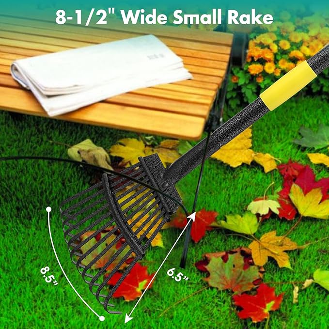 Rake, 60 Inch Long, 11 Tines Small Metal Garden Rake for Leaves, Heavy Duty 9 Inch Wide Rakes for Lawns, Yard Leaf Rakes for Gardening , Flower Beds, Shrub, Kid