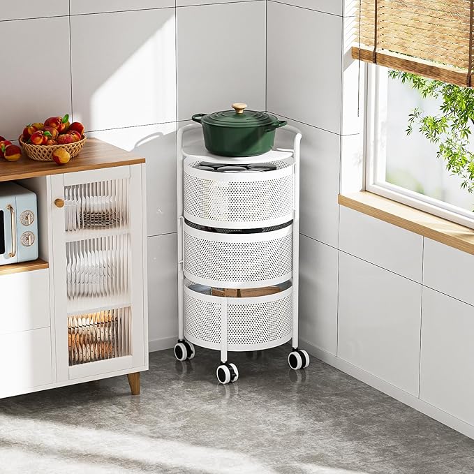 Vegetables Storage Basket, Rotating Storage Shelves Basket Carts Rack Organizer Bin on Rolling Wheels in Kitchen Household for Fruits Grocery Corns Potatos-(3-tier,White)
