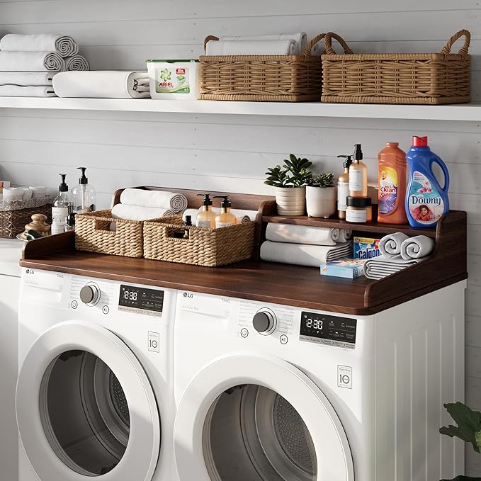 Washer Dryer Countertop, Laundry Wood 2 Tier Shelves Topper with Edge, 54" W x 26.7" D Cover Guard Organizer for Washer and Dryer Laundry Hamper Counter Storage Organization Brown Wood