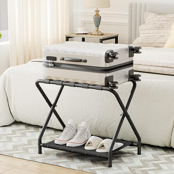 HOOBRO Luggage Rack, Pack of 2, Folding Suitcase Stand with Fabric Storage Shelf for Guest Room, Bedroom, Hotel, Holds up to 100 lb, 27 x 15.3 x 22 Inches, Space Saving, Black BK04XLP201