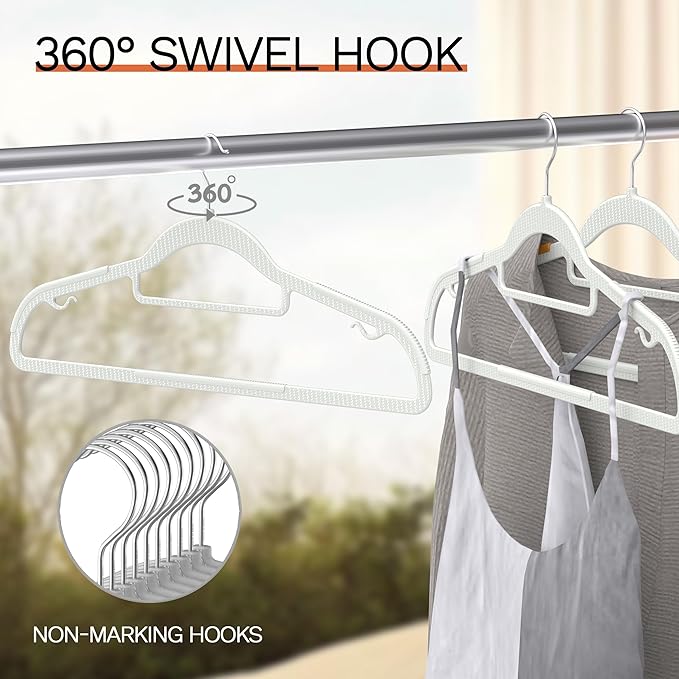 60 Pack Thin Space Saving Hangers, No Slip Clothes Hangers with Non Slip Textured and 360° Hook - Plastic Hanger, Closet Organizer for Shirt, Pants, Suit, Skirt, Coat - Ivory White