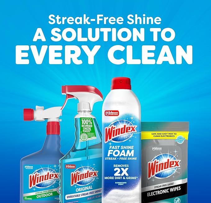 Windex Fast Shine Foam Glass Cleaner, No-Drip Aerosol Cleaning Spray, 19 oz. (Pack of 2)