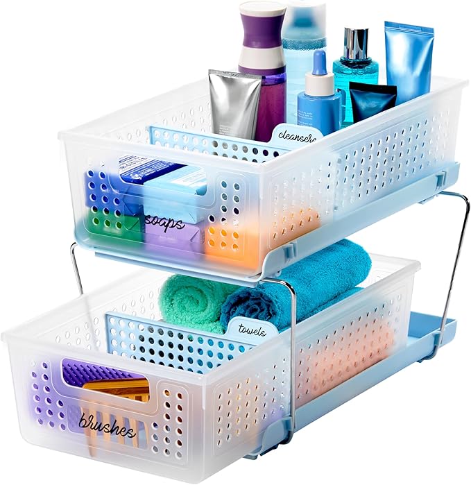 madesmart Two-Tier Bathroom Cabinet Organizer, Sliding Drawer Storage for Bottles, Sponges & Cleaning Supplies, Blue