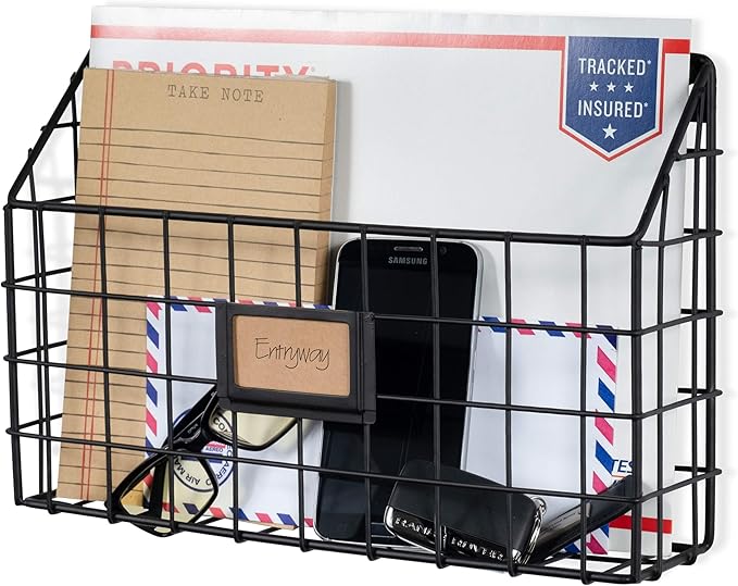 Wall35 Rivista File Holder Home Office Desk Organizer, Wall Mounted Wide Chicken Wire Mail Organizer and Magazine Holder, Metal, Black
