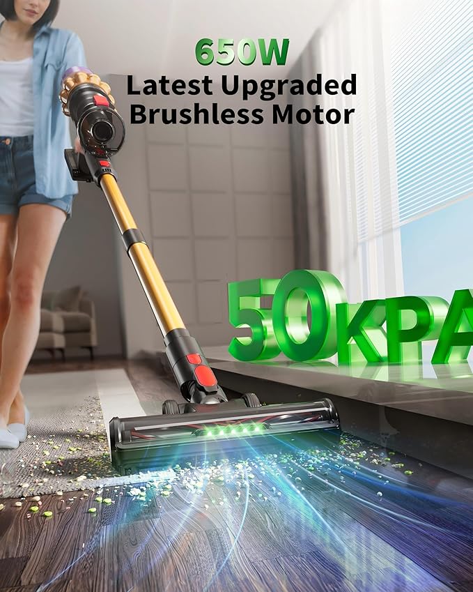Hotanime Cordless Vacuum Cleaner, 650W 50KPa 70‑Min Powerful Stick Vacuum, Self-Standing Lightweight Cordless Vacuum for Home, Pet Hair, Hardwood Floors, Carpet & Car, LED Touch Display
