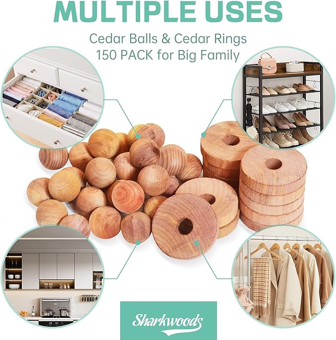 Cedar Blocks for Clothes Storage 100 Pack, 100% Natural Aromatic Cedar Rings and Balls for Closets & Drawers Freshener (60 Rings & 40 Balls)