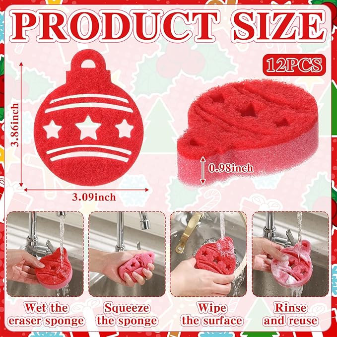 Tioncy 12 Pack Christmas Ball Kitchen Sponges Bulk Dual Sided Scrubber Sponges Dishwashing Kitchen Cleaning Accessories for Household Supplies