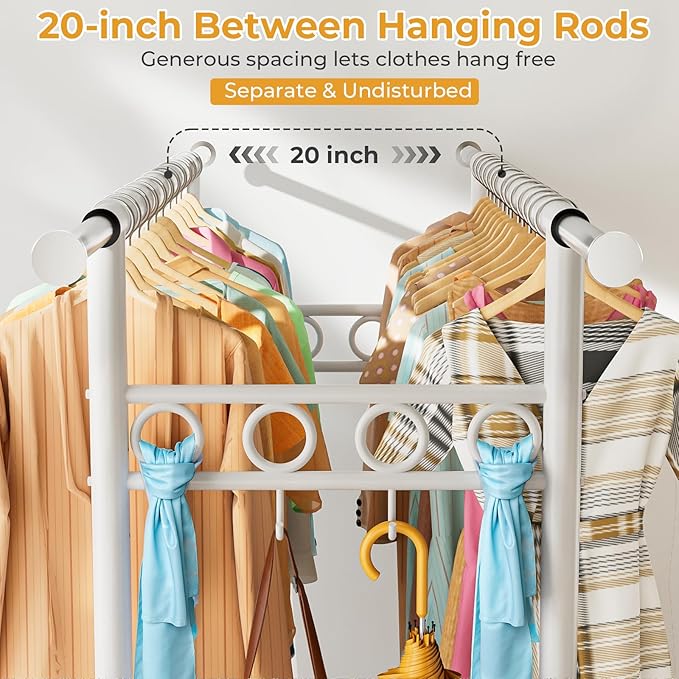 Heavy Duty Clothes Rack Load 960LBS, Three Rods Rolling Clothing Racks for Hanging Clothes, Rolling Garment Rack With Sturdy Wheels Shelves Hooks, Portable & Adjustable Commercial Garment Rack, White