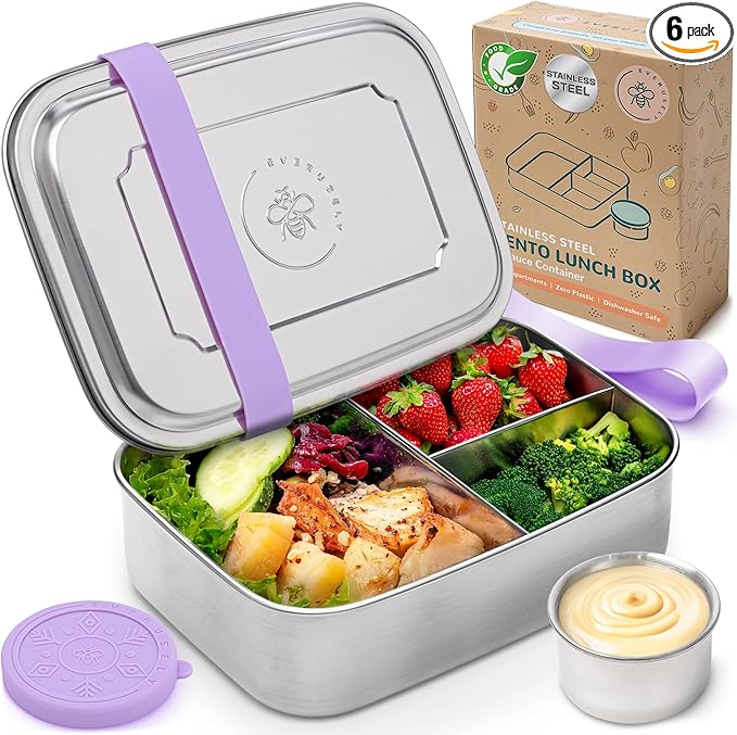 Everusely - Bento Box - Lavender, 60oz / 1.8 L - Extra Large Stainless Steel Lunch Box + Leakproof Condiment Container - 3 Compartment Snack Organizer for On the Go Meals - Freezer & Dishwasher Safe