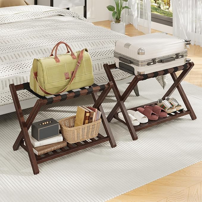 HOOBRO Luggage Rack, Bamboo Suitcase Stand, Folding Luggage Holder, Nylon Strap Support Top, for Guest Room, Hotel, Bedroom, Closet, Dark Brown BR18XL01