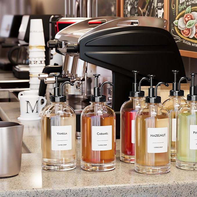 16.9 oz/500 ml Coffee Syrup Dispenser Set - 6 Glass Bottles with Black Pumper and Syrup Labels - Precise Dispensing and Stylish Addition to Coffee Shop, Cafe or Home Bar