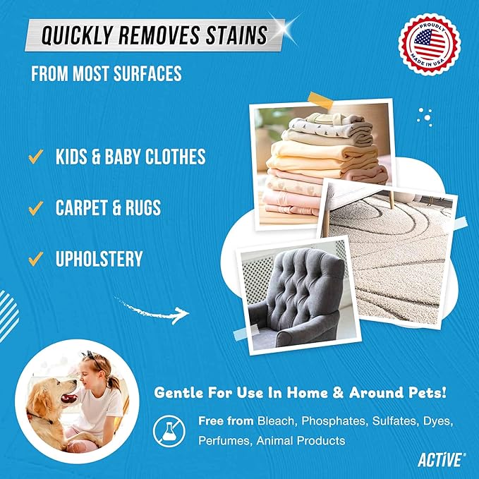 Messy Kids Stain Remover Spray - ACTIVE Laundry Spot Cleaner, Natural Stain Treater Spray for Baby Clothes Fabric, Toddler Clothing, Rescue Mess Removal for Food, Oil Stains, Great for Travel - 4 oz