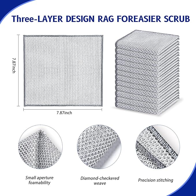 Wangjinpeng 50 PCS 3-Layer Non-Scratch Multipurpose Steel Wire Dishcloths - Reusable Quick-Dry Odor-Free Scrub Cloths for Dishes, Kitchen Cleaning Cloths for Cookware, Sinks, Stove Tops(7.87X7.87)