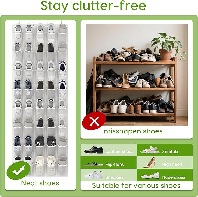 Unjumbly Over the Door Shoe Organizer with 40 Large Breathable Mesh Pockets, Space Saving Shoe Holder, Hanging Shoe Rack for Entryway Bedroom Closet Storage (White, 80 Pockets)