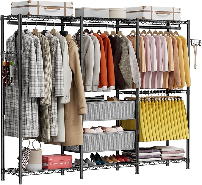 Golpart Coat Rack Clothes Wardrobe：Closet Organizer and Storage Clothing Garment Rack with Shelves Heavy Duty for Hanging Clothes Portable Adjustable Black 15.8" DX69 WX76.75 H