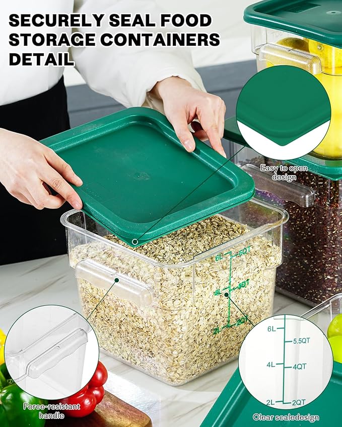 4QT NSF Food Storage Containers: 8 PCS [Food Grade][Hot&Cold Resistant] Commercial Clear Food Storage Containers with Lids for Restaurant Kitchen Proof Dough, Measuring Spoons Included(Green)