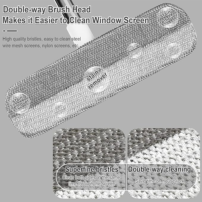Window Screen Cleaner | 2 in 1 Multifunctional Screen Brush & Floor Cleaner | Extra Long Handle | 4 Foot Handle | Portable Household Squeegee | Includes Cleaning Wipes, White/Gray