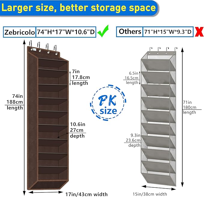 Over The Door Shoe Organizer, 70 Pounds Large Capacity, 20-30-Pair shoe organizer, Heavy Duty-Extra Deep Pockets ,Anti-Scratch Hooks & FSC-Certified Bamboo ,Engineered for Men’s Size 13 shoe,coffee