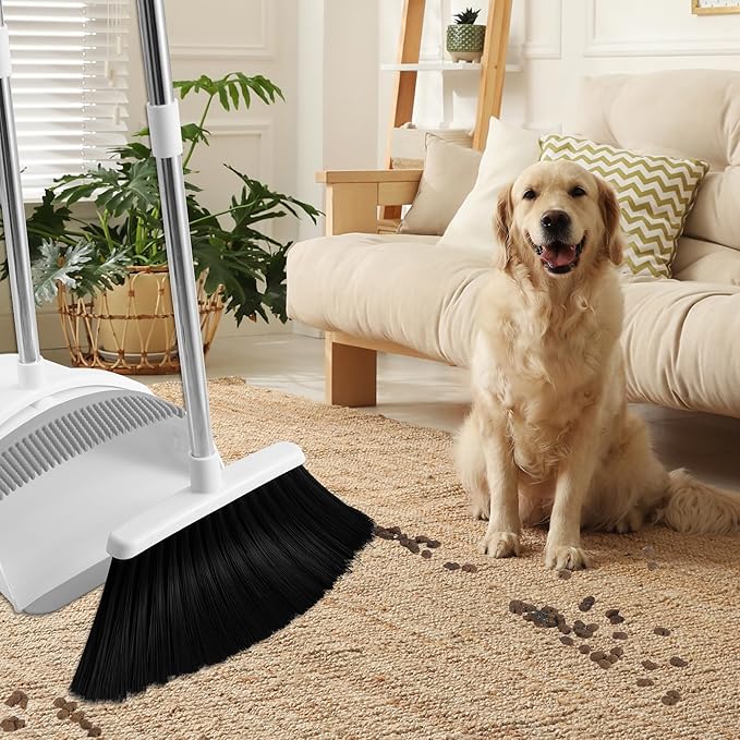 Broom and Dustpan Set, Broom Dustpan Combo Set for Home 52-in Long Adjustable Handle Broom with Dustpan Teeth to Clean Hair for Home Office Kitchen Lobby(White)