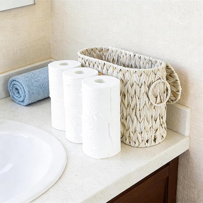 Toilet Paper Storage Basket with Lid,Toilet Paper Holder, Wicker Storage Basket with Built-in Handles for up to 6 Mega Rolls, Baskets Bathroom Accessories (Butter Milk)