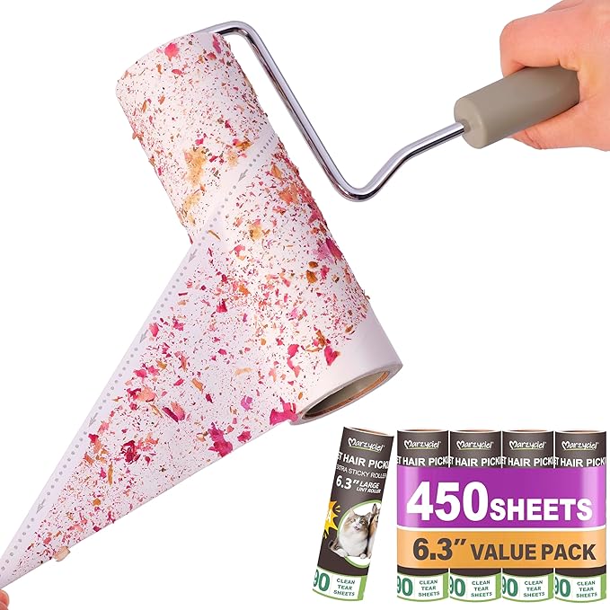 Large Lint Rollers for Pet Hair Extra Sticky,Cat Dog Hair Remover Laundry Clothes Carpet Furniture,6.3 inches Wider with 450 Sheets Giant Lint Remover Brush for Couch with Long Handle