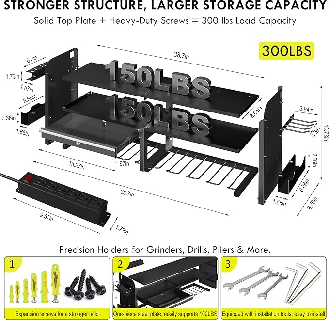 KSVO Power Tool Organizer Wall Mount with Drill Holder, Grinder Bracket, Hammer and Pliers, Locking Drawer, 6-Outlet Charging Rack - Heavy Duty Metal Tool Storage Garage, Workshop (Yellow)
