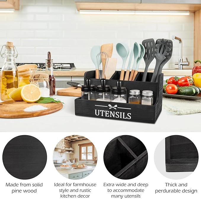 RedCall Extra Large Kitchen Utensils Holder 4 Compartments,Wood Utensil Organizer for Kitchen Countertop,Farmhouse Cooking Utensil Holder with Spice Storage space (Black)