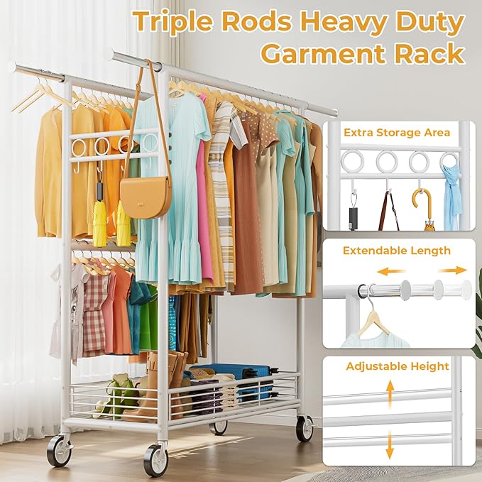 Heavy Duty Clothes Rack Load 960LBS, Three Rods Rolling Clothing Racks for Hanging Clothes, Rolling Garment Rack With Sturdy Wheels Shelves Hooks, Portable & Adjustable Commercial Garment Rack, White
