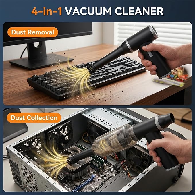 Compressed Air Duster & Vacuum Cleaner 4-in-1, 150,000RPM Powerful Electric Air Duster, Cordless Rechargeable with Adjustable Speed Handheld Air Blower for Keyboard, Car, Office, Home Electronics