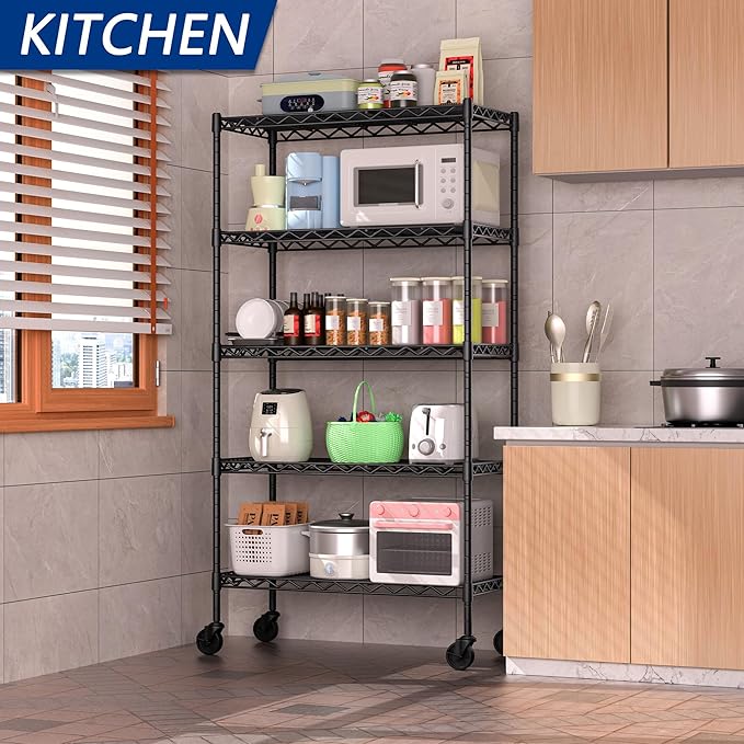 Soywey 5-Shelf Adjustable Heavy Duty Storage Shelving Unit on 4 Wheel Casters, Metal Organizer Wire Rack for Laundry Bathroom Kitchen Pantry Closet, Black
