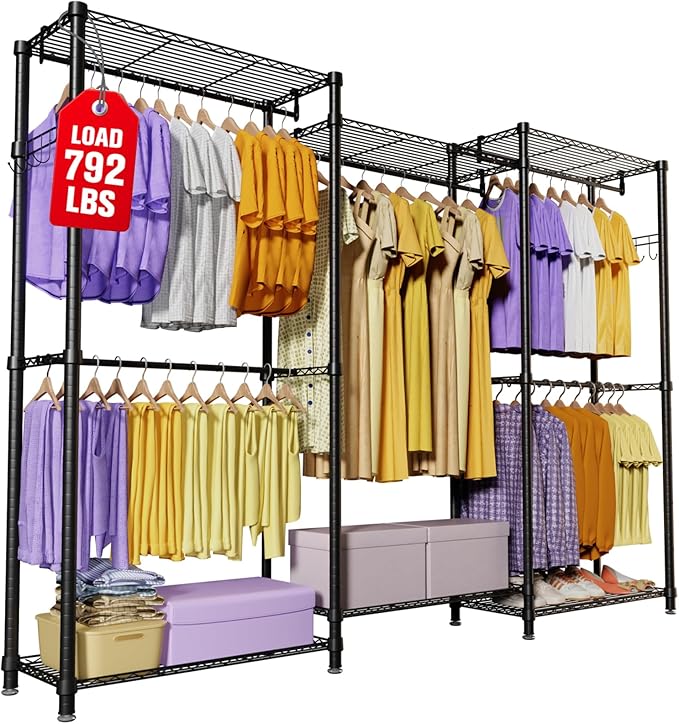 Extra Large Clothes Rack, Heavy Duty Clothing Rack for Hanging Clothes, Freestanding Clothing Rack Closet, Adjustable Metal Garment Rack, Portable Closet 76.4"W x 15.7"D x 68.5"H, Hold 792 lbs, Black