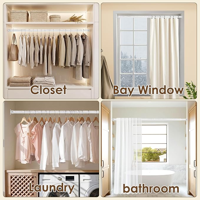 Closet Rod 17-51 Inches，1.3 Inch Diameter Heavy-Duty Adjustable Closet Rods for Hanging Clothes Closet Hanging Rod Metal Closet Poles for Wardrobes Laundry RV Bathroom（White Wood Grain Finish）