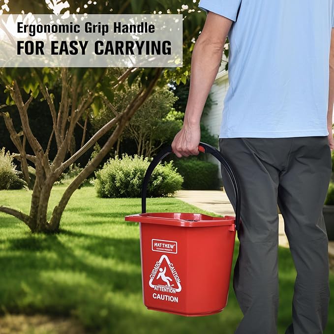 Matthew Cleaning 4.2 Gallon Mop Bucket, Heavy Duty Plastic Cleaning Bucket with Built-in Pour Spout, Mop Holder and Comfort Grip Handle, House and Commercial Cleaning Supplies, Case Pack 12 Pcs Red