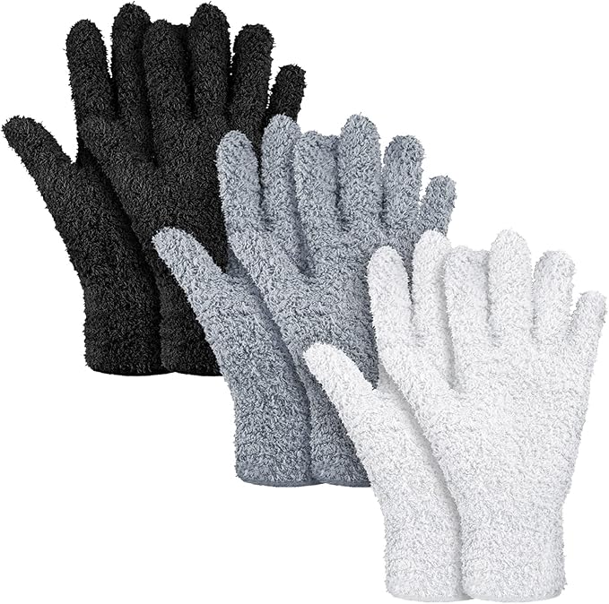 Patelai 3 Pairs Microfiber Plant Dusting Gloves Leaf Cleaning Gloves for Indoor Plants, Blinds, Furniture, House (Black,White,Gray,Medium)