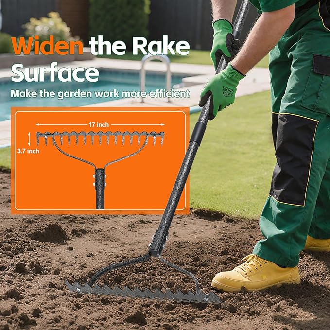 Garden Rake, 63" Adjustable Long Handle Lawn Leveling Bow Rake with 17 Tines, Garden Tool with Heavy Duty Metal for Looseing Soil, Weede Control