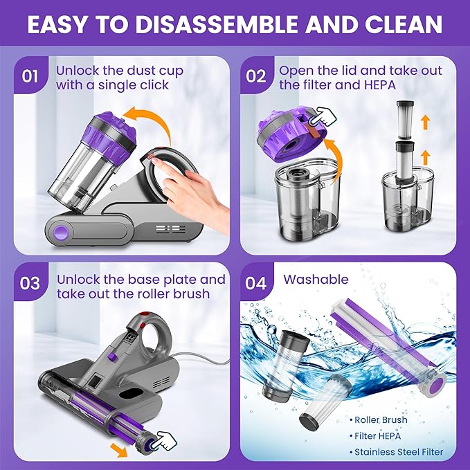 Mattress Vacuum Cleaner, Handheld Bed Vacuum Cleaner with 16Kpa Suction, 253.7nm UV-C Light, 149℉ Hot Air, Double-Cup Handheld Vacuums for Bed, Sofa, Couch, Crib (Corded, 550W)