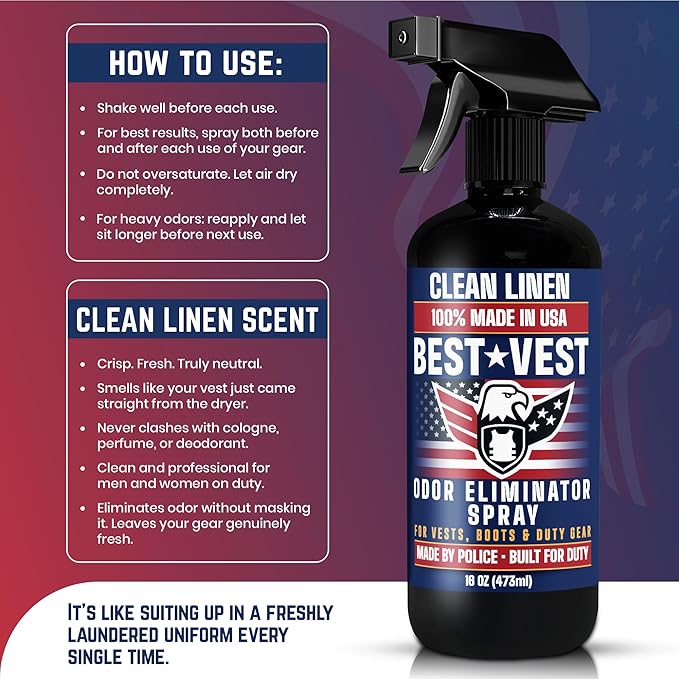Odor Eliminator Spray for Tactical Gear & Body Armor – Clean Linen, 16 oz (2-Pack), Made in USA – Gift for Police & First Responders