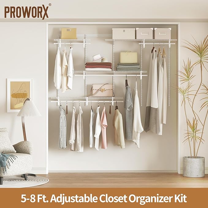 PROWORX 5-8 Ft Closet Organizer System, White Adjustable Custom Metal Wire Shelving Wall Mounted, Expandable Organization and Storage Shelf Kit with Hanging Rods