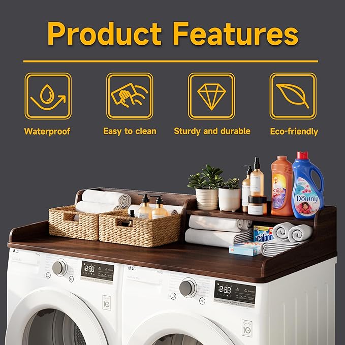 Washer Dryer Countertop, Laundry Wood 2 Tier Shelves Topper with Edge, 54" W x 26.7" D Cover Guard Organizer for Washer and Dryer Laundry Hamper Counter Storage Organization Brown Wood
