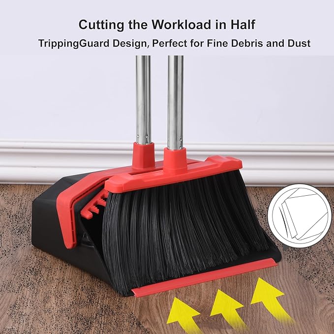 Upgrade Broom with Dustpan Combo Set, Broom and Dustpan Set with 51'' Long Handle, Dust Pan and Brooms, ZeroGap Lip, Self-Cleaning Dustpans Teeth for Lobby Kitchen Restaurant - Black and Red