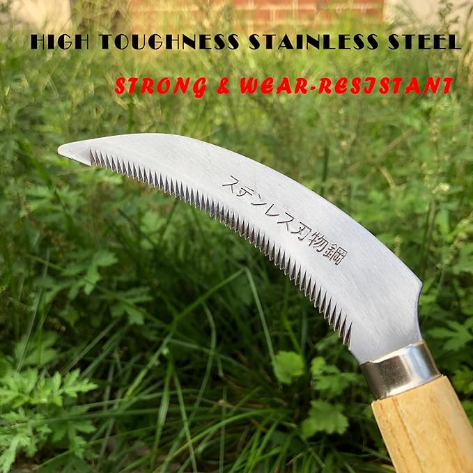 SHANFEEK Grass Sickle with Sawtooth Japanese Weeding Hoe Garden Hand Tool Weeding Tools for Garden High-Strength Steel with Solid Wood Handle (Brown)