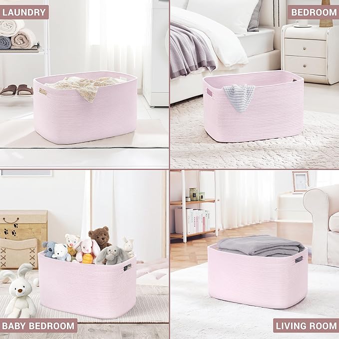 86L Large Baby Girls Laundry Basket for Nursery Storage,Cute Woven cotton Rope Baskets for Kids Toy，Gifts, Boho Square Wicker Blanket hamper for Living Room,Bedroom Dirty Clothes,Pink