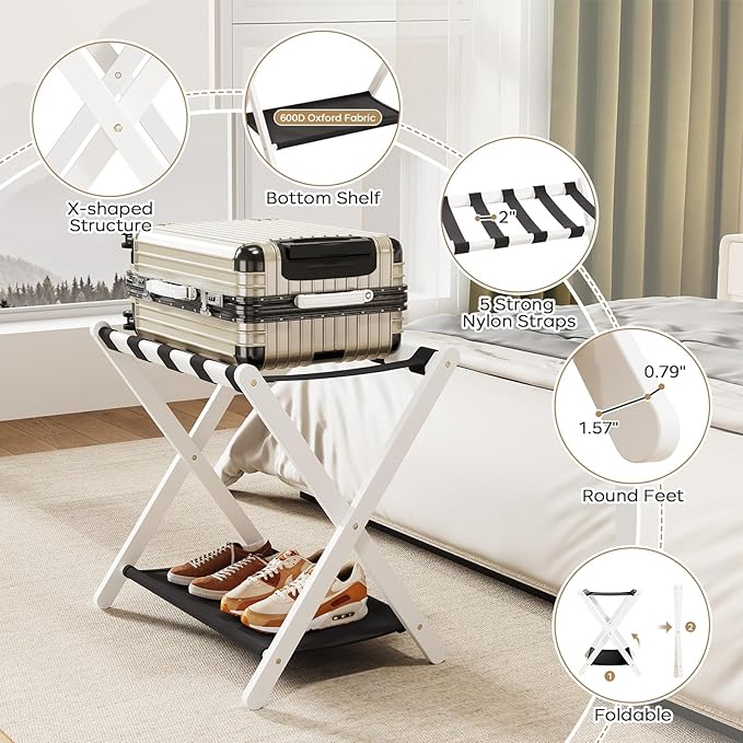 oakvivo Fully Assembled 2 Pack Luggage Rack with Fabric Storage Shelf, 26.77" Bamboo Folding Luggage Rack for Guest Room, Luggage Stand Holder, Thickened Suitcase Stand Holds up to 165 Lbs, White