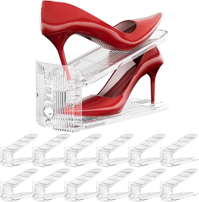 Neprock Shoe Slots Organizer for Closet,12 Pack Acrylic Shoe Stackers for A Pair of Shoes,3 Levels Adjustable Shoe rack storage Shoe Space Saver 50%(Clear,12 Pack)