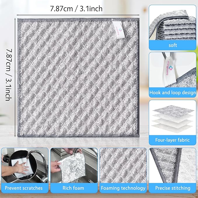 Wangjinpeng 10 PCS Four-Layer Non-Scratch Multipurpose Steel Wire Dishcloths - Reusable Quick-Dry Odor-Free Scrub Cloths for Dishes, Kitchen Cleaning Cloths for Cookware, Sinks, Stove Tops(7.87X7.87)
