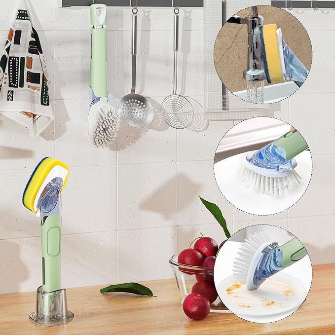 Dish Brush with Soap Dispenser Storage Set with 2 PCS Brush Refills & Holder, Dish Scrubber with Soap Dispenser, Dish Soap Brush, Dish Wand with Soap Dispenser for Dishes, Pans, Sink, Pots(Green)