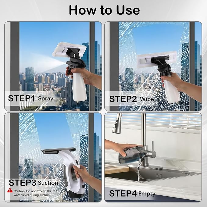 Electric Window Vacuum Squeegee Cordless 13", 2000Pa Electric Squeegee, 2200mAh Rechargeable Battery, 150ml Dirty Water Tank, Streak-Free Glass Cleaner for Shower Doors, Windows, Mirrors
