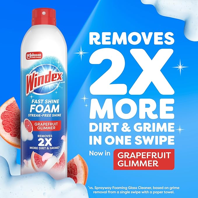 Windex Fast Shine Foam Glass Cleaner Supplies, No-Drip Window & Mirror Aerosol Spray, Streak-Free, Removes Fingerprints, Dust, Dirt & Smoke Film, Grapefruit Scent, 19 oz (Pack of 2)