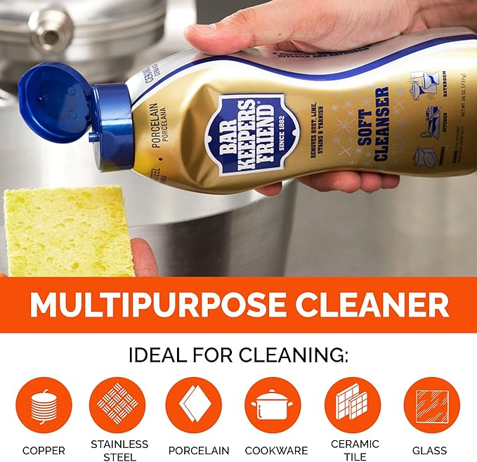 BAR KEEPERS FRIEND Cleanser Trio - Mega Bundle (21 Oz Cleanser and Polish Powder | 26 Oz Liquid Soft Cleanser | 13 Oz Cooktop Cleaner) Plus 1 Foxtrot Microfiber Towel and 1 Microfiber Scrubber Sponge